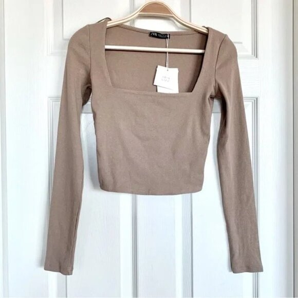 ZARA Beige Tan Ribbed Square Neck Long Sleeve Top - Picture 3 of 5
